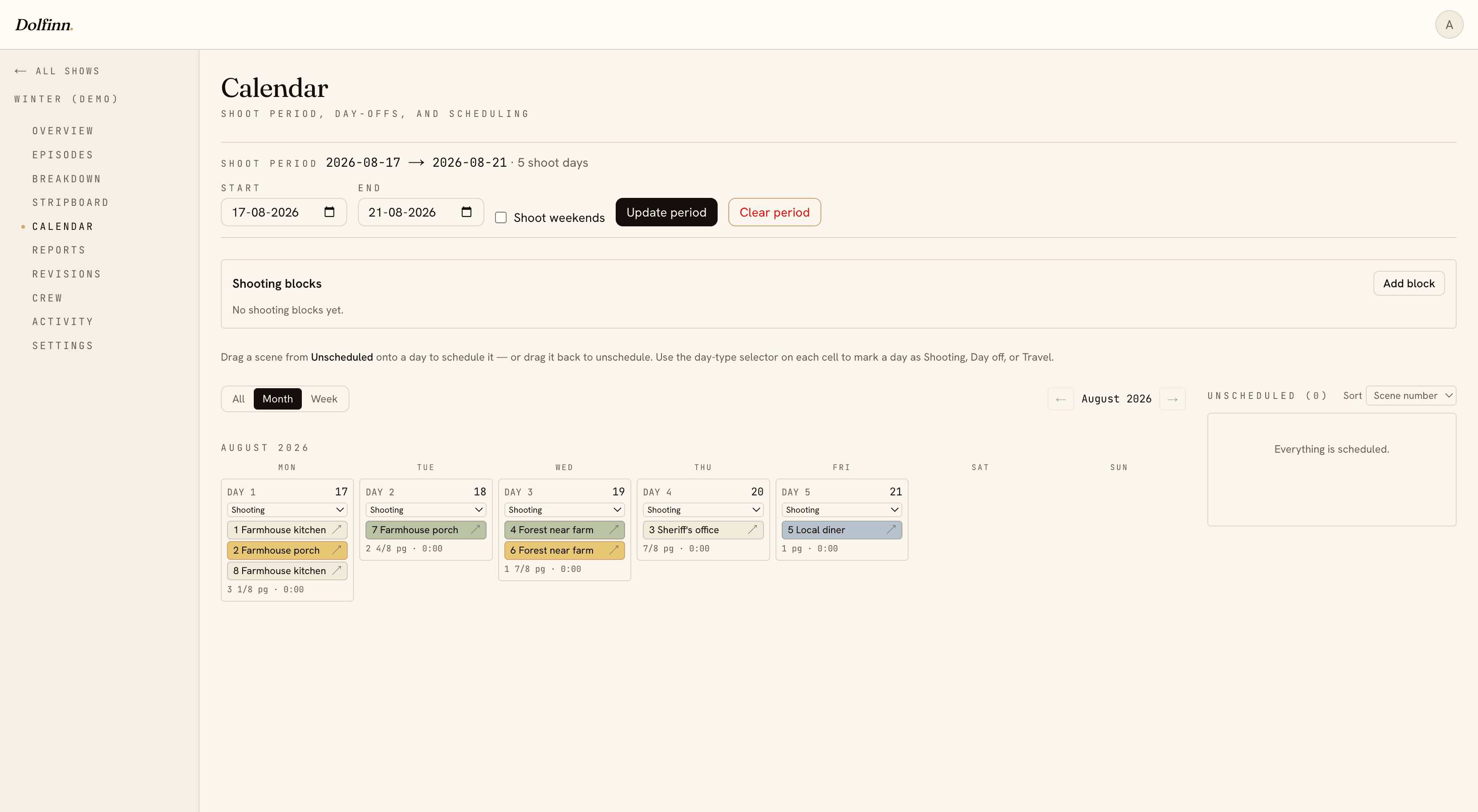 Schedule: a month calendar with scenes assigned across the shoot days